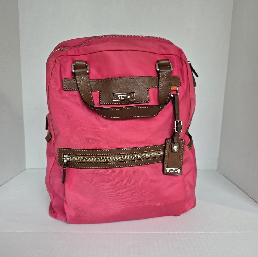 Tumi Pink Nylon and Brown Leather Women's Backpack Y2K Vintage 90s